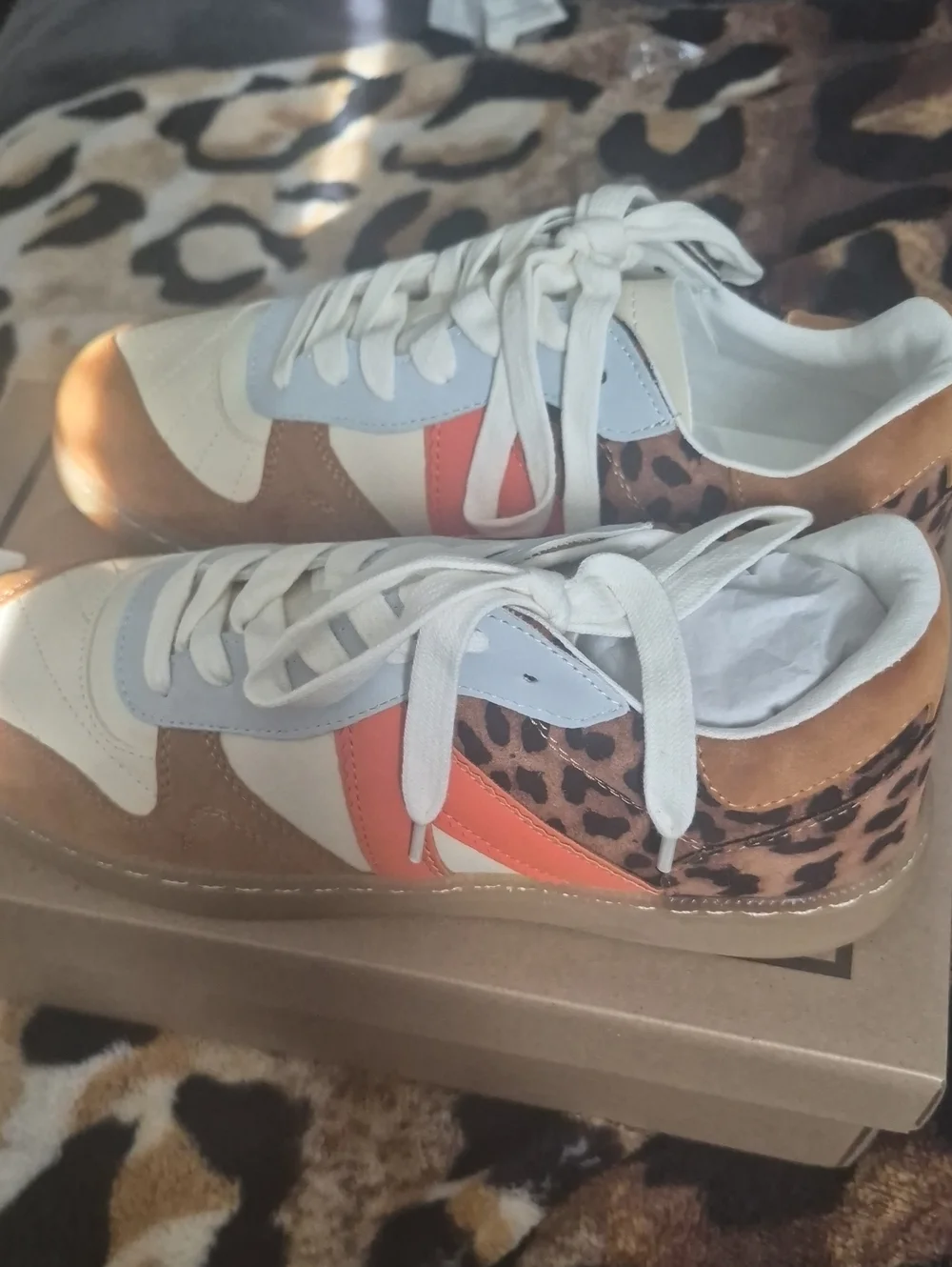 MIA White Tan Leopard Accent Sneakers with Orange Stripe